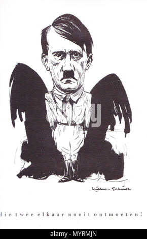 . Inglese: Adolf Hitler. Bozzetto disegnato da Willem van Schaik (1876-1938). Testo pagina precedente (Stalin caricatura) (transl.) "l'Oriente è l'oriente e occidente è l'Occidente e può ..." testo continua su questo schizzo 21 (Hitler caricatura): "... i due di non incontrare mai!" (1937) Nederlands: Adolf Hitler. Porta Schets Willem van Schaik (1876-1938). De tekst van de voorgaande pagina (Stalin) luidt: "l'Oriente è l'oriente e occidente è l'Occidente en mogen ...' De tekst onder deze schets (Hitler) luidt: '... die twee elkaar nooit ontmoeten!" (1937) . 1937 91 Schaik21 Foto Stock