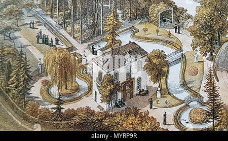 . Inglese: Bird view di Villa Canne vicino al fiume Jeker a Maastricht, Paesi Bassi. Dettaglio di una stampa che è stata realizzata da un artista sconosciuto per un album che Petrus Regout - il proprietario della villa - aveva messo insieme nel 1865/66 per la famiglia e gli amici. La villa e i giardini erano in quel momento utilizzata dai Gesuiti di Maastricht come un centro di riposo. . 16 luglio 2016, 10:35:52. Artista sconosciuto, 1865 25 Villa Canne &AMP; omgeving (album P Regout, 1865) (ritagliate) Foto Stock