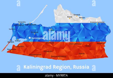 Vettore poligonale geometrica mappa della regione di Kaliningrad, Russia verniciato nei colori della bandiera nazionale, con marcata insediamenti più grande Illustrazione Vettoriale