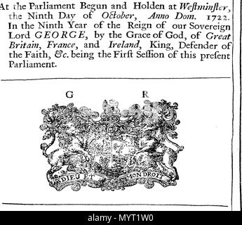 . Inglese: Fleuron dal libro: Anno Regni Georgii Regis Magn? Britanni?, Franci?, & Hiberni?, nono. Il Parlamento europeo iniziato e holden a Westminster, il nono giorno del mese di ottobre, Anno Dom. 1722. Nel nono anno di regno del nostro sovrano Signore George, con la grazia di Dio, di Gran Bretagna, Francia e Irlanda, Re, difensore della fede, &c. essendo la prima sessione di questo Parlamento. 361 Anno Regni Georgii Regis Magn Fleuron N050234-7 Foto Stock