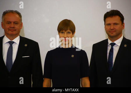 Polonia - Varsavia, 8 Giugno 2018: Bucarest 9 inizia il Vertice di Varsavia. Presidente Andrzej Duda incontra il Presidente della Repubblica di Romania Klaus Werner Iohannis, Presidente della Lituania Dalia Grybauskaite, Presidente della Lettonia Raimonds Vejonis, Presidente dell'Estonia Kersti KALJULAID, presidente di Ungheria Janos Ader, Presidente della Camera dei Deputati della Repubblica ceca Radek Vondracek, presidente della Slovacchia Andrej Kiska e Presidente della Bulgaria rumine Radev. ©Jake Ratz/Alamy Live News Foto Stock