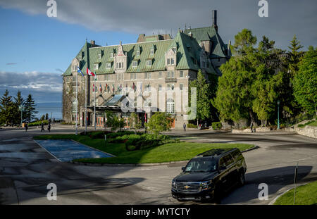 07 giugno 2018, Canada, Québec: L'hotel Fairmont Le Manoir Richelieu, convention center per il vertice del G7. Il Vertice del G7 avviene in Charlevoix, non lontano dalla città di La Malbaie nella provincia del Québec. Foto: Michael Kappeler/dpa Foto Stock