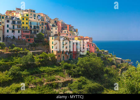 Antenna vista panoramica di Corniglia villaggio di pescatori in cinque terre, il Parco Nazionale delle Cinque Terre, Liguria, Italia. Foto Stock