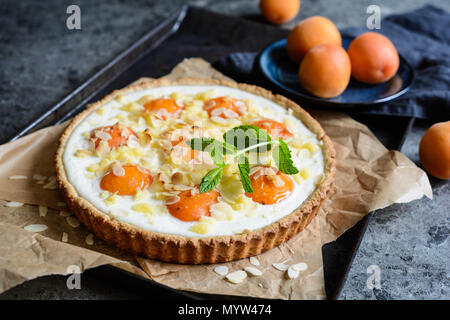 Deliziosa confettura di albicocche e crema di formaggio tart guarnita con scaglie di mandorle e sminuzzare Foto Stock