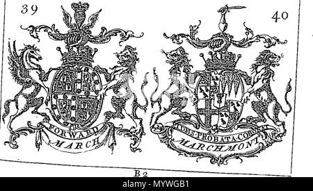 . Inglese: Fleuron dal libro: bracci della nobiltà scozzese. Con i sostenitori, creste, il motto è: e le tabelle di date alla famiglia onori, viz Origine, cavalieri, Baronets, giarrettiere, Peerage &c. Da Giovanni Millan libraio. 379 braccia della nobiltà scozzese Fleuron T114378-2 Foto Stock