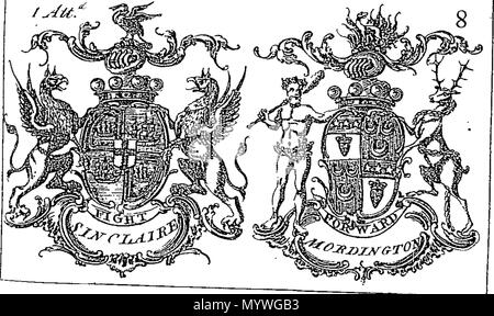 . Inglese: Fleuron dal libro: bracci della nobiltà scozzese. Con i sostenitori, creste, il motto è: e le tabelle di date alla famiglia onori, viz Origine, cavalieri, Baronets, giarrettiere, Peerage &c. Da Giovanni Millan libraio. 379 braccia della nobiltà scozzese Fleuron T114378-4 Foto Stock