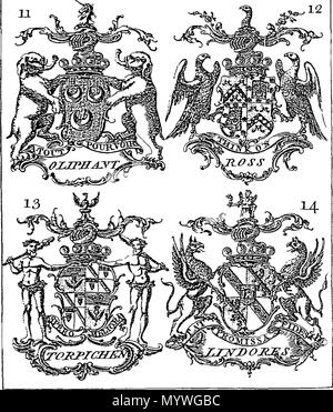 . Inglese: Fleuron dal libro: bracci della nobiltà scozzese. Con i sostenitori, creste, il motto è: e le tabelle di date alla famiglia onori, viz Origine, cavalieri, Baronets, giarrettiere, Peerage &c. Da Giovanni Millan libraio. 379 braccia della nobiltà scozzese Fleuron T114378-5 Foto Stock