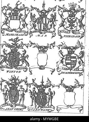 . Inglese: Fleuron dal libro: bracci della nobiltà scozzese. Con i sostenitori, creste, il motto è: e le tabelle di date alla famiglia onori, viz Origine, cavalieri, Baronets, giarrettiere, Peerage &c. Da Giovanni Millan libraio. 379 braccia della nobiltà scozzese Fleuron T114378-6 Foto Stock