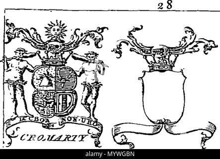 . Inglese: Fleuron dal libro: bracci della nobiltà scozzese. Con i sostenitori, creste, il motto è: e le tabelle di date alla famiglia onori, viz Origine, cavalieri, Baronets, giarrettiere, Peerage &c. Da Giovanni Millan libraio. 379 braccia della nobiltà scozzese Fleuron T114378-9 Foto Stock