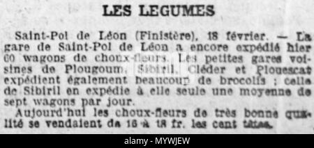 . Français : articolo du ufficiale l'Ouest-Eclair évoquant le transport des brocolis par la ligne des Chemins de fer départementaux du Finistère depuis les gares de Plouescat, Cléder, Sibiril et Plougoulm à destination de Saint-Pol-de-Léon. . Il 19 febbraio 1910. Ufficiale L'Ouest-Eclair du 19 février 1910 16 Brocolis ligne Plouescat-Saint-Pol 1910 Foto Stock