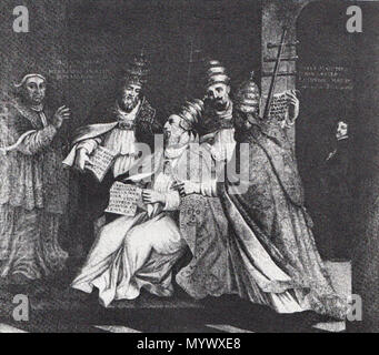 . Inglese: dipinto dal pittore sconosciuto (17c) di cinque papi: Benedetto XIV, Giovanni XXII, Pio V, Alessandro VII e Paolo V. La pittura ad olio precedentemente nel monastero domenicano di Maastricht, oggi nel Tesoro della Basilica di San Servatius, Maastricht, Paesi Bassi. . 12 Gennaio 2017 20:26:29. pittore sconosciuto, XVII C. 21 Schilderij incontrato 5 dominicaner pausen, St-Servaasbasiliek, Maastricht Foto Stock