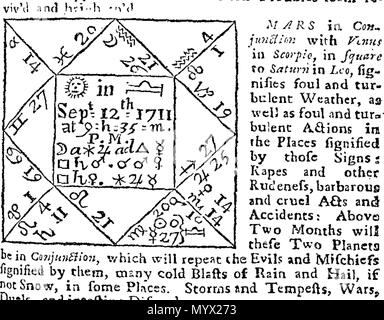 . Inglese: Fleuron dal libro: Astrologus Britannicus: o un almanack per l anno della nostra Redenzione, 1711, (essendo il terzo dopo Bissextile o Leap-Year) Amplifi'd con tutte le cose adatte per un lavoro del genere: come, tabelle di la luna di età, tempo di High-Water a settanta la maggior parte dei principali porti sulle coste dell'Inghilterra, Scozia, Galles e Irlanda, Olanda, Francia e Fiandre; anche il sole sorgere e tramontare e di re e regine; insieme con una tabella del case. Analogamente, un le effemeridi del Caelestial proposte e gli aspetti dei pianeti; Lunazioni e eclissi, con stime mensili, Foto Stock