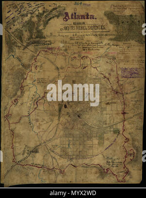 . Inglese: mappa mostra un layout dettagliato della città di Atlanta, GA. comprese le batterie e lavori di sterro nella zona circostante. Il Western di Atlanta e il Macon & Western Railroad sono anche indicati. La mappa mostra la situazione nella città come del 1 settembre 1864; la città cadde a Sherman's esercito sulle 8th. . Atlanta, Georgia e le sue difese ribelli [sic]. 1 settembre 1864. Sneden, Robert Knox 385 Atlanta, Georgia e le sue difese ribelli (sic) LOC gvhs01.vhs00311 Foto Stock
