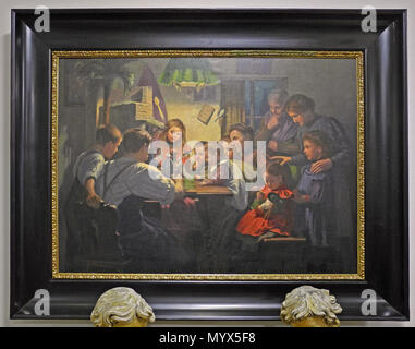 . Deutsch: Am Dreikönigsabend - Genrebild mit dem Holzschnitzer Florian Liebsch aus Schönlinde (Krasná Lípa) von Agosto Frind. Die Krippenfiguren sind im Museum noch vorhanden. . Xx secolo 90 Sammlung-Frind-Holzschnitzer mit Krippenfiguren-1 Foto Stock