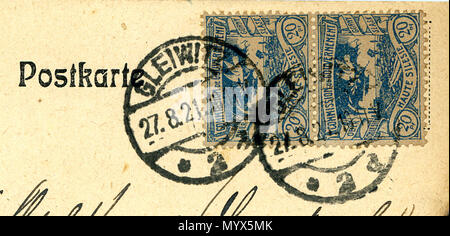 . Inglese: francobolli dell Alta Slesia, coppia di 20 Pfg su una cartolina, annullato a Gleiwitz il 27 agosto 1921. . 14 agosto 2013, 22:36:55. 1 Jacquesverlaeken 1921 UpperSilesia 20Pfg Gleiwitz Gliwice in Polonia Foto Stock