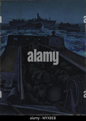 . Inglese: Alex Colville del dipinto raffigura Canadian landing craft, probabilmente dal principe HMCS David, trasporto truppe alleate per le loro spiagge dello sbarco. Una foglia di acero (centro destra) identifica la truppa-riempito Landing Craft Assault (LCA) in primo piano come canadese. Un altro LCA (centro), le matasse di una barca di gomma con truppe aggiuntive (angolo superiore destro). Il principe David's Landing Craft trasportati commandos francesi alle difese di cattura sulla terraferma, e sono stati guidati e accompagnati da American PT (pattuglia siluro) barche come quella in background. Gli sbarchi ha avuto luogo nelle prime ore del mattino Foto Stock