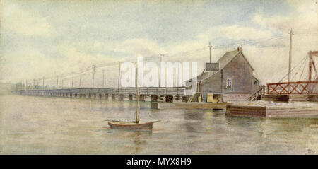 . Inglese: Cataraqui Bridge e casa di pedaggio. Immagine raffigura l'inizio ponte sopra il fiume Cataraqui, Kingston, Ontario. Acquerello, tocchi di bianco opaco, oltre a matita. Stabilite sul cartone. . Circa 1900. Ella Isabel Fraser (1856-1943) 1 Cataraqui Bridge Foto Stock