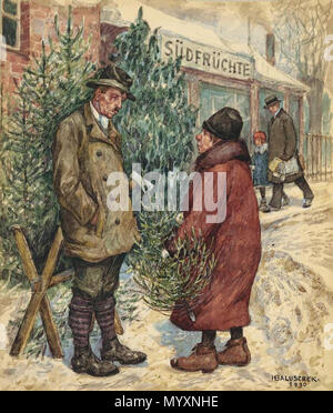 . Beim Weihnachtsbaumverkauf. . 1930. Hans Baluschek (1870-1935) nomi alternativi hans baluschek; hans buluschek; h. Descrizione baluschek pittore tedesco, illustratore e scrittore Data di nascita e morte 9 Maggio 1870 28 Settembre 1935 Luogo di nascita e morte Wroc?aw Berlino posizione di lavoro autorità di Berlino controllo : Q313982 VIAF:?ISNI 56883455:?0000 0001 2101 5824 ULAN:?500009304 LCCN:?n81106950 GND:?118652230 WorldCat 43 Hans Baluschek Beim Weihnachtsbaumverkauf Foto Stock