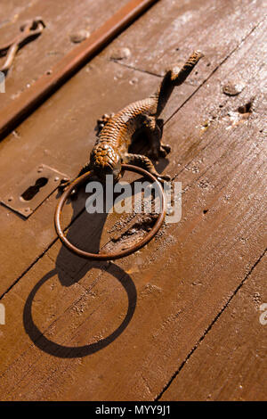 Porta con respingente in ottone a forma di lucertola, bellissimo ingresso alla casa, arredamento vintage Foto Stock