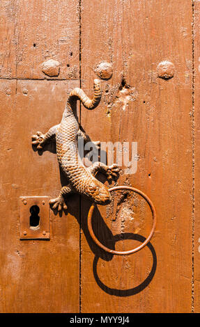 Porta con respingente in ottone a forma di lucertola, bellissimo ingresso alla casa, arredamento vintage Foto Stock