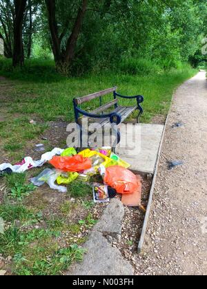 Oxford, Oxfordshire, Regno Unito. 02Luglio, 2015. Non così bella vista panoramica. Cestino a sinistra lungo il fiume Tamigi in Oxford dopo il giorno più caldo dell'anno. Credito: Sidney Bruere/StockimoNews/Alamy Live News Foto Stock