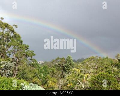 Clopton Dr, Killara NSW, Australia. 06 feb 2016. Sydney, Australia - 6 February 2016: un arcobaleno visto il riempimento del cielo dopo la doccia la mattina ha colpito il sobborgo di Sydney Killara. Credito: mjmediabox/StockimoNews/Alamy Live News Foto Stock