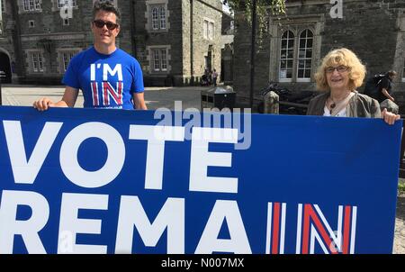 Tavistock, Devon, Regno Unito. Il 23 giugno, 2016. EE referendum. Gli attivisti per rimanere indossando sto in maglietta e tenendo un voto rimangono poster su 23 Giugno 2016 davanti a Tavistock Town Hall, Devon, Inghilterra. Credito: Josie Elias/StockimoNews/Alamy Live News Foto Stock