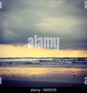 West Wittering, Chichester, Regno Unito. Xx Dec, 2016. Meteo. Terribilmente freddo sud venti da est ha colpito la costa sud dell'Inghilterra di oggi. Illuminazione a raggi solari up West Wittering beach in West Sussex. © jamesjagger/StockimoNews/Alamy Live News Foto Stock