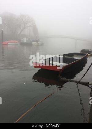 Twickenham, Middlesex, Regno Unito. 30 Dic, 2016. Barca ormeggiata in mist Da eel pie island bridge twickenham Middlesex Credit: Tricia de Courcy Ling / StockimoNews/Alamy Live News Foto Stock