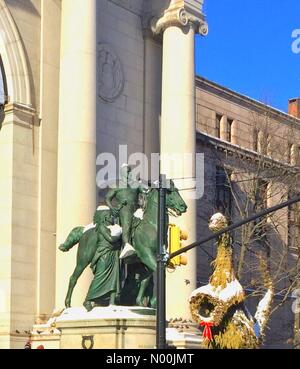 New York, Stati Uniti d'America. 5 gennaio 2018. Gli eroi e i dinosauri in American Museo di Storia Naturale di ottenere la formazione di polvere di neve in New York storm Credito: Linda Gerardi/StockimoNews/Alamy Live News Foto Stock