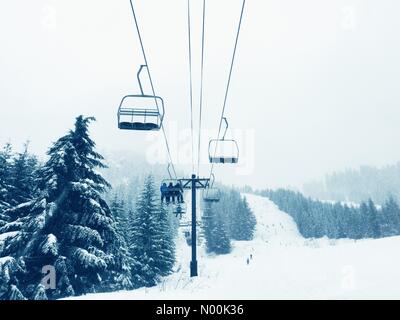 Molta neve sulle pendici del Monte di Catherine vicino a Snoqualmie pass, la più vicina area sciistica a Seattle, nello stato di Washington Foto Stock