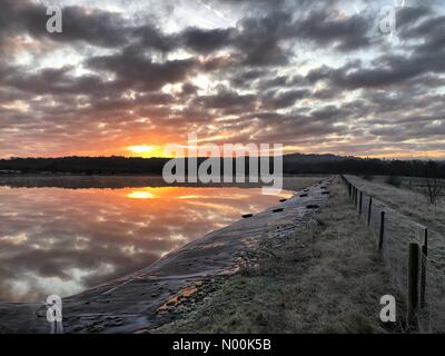 Godalming, Regno Unito. 30 gen, 2018. Regno Unito: Meteo Alba Godalming. Fattoria Tuesley, Godalming. Il 30 gennaio 2018. Un pupazzo di neve per iniziare la giornata per l'Home Counties. Sunrise oltre a Godalming Surrey. Credito: jamesjagger/StockimoNews/Alamy Live News Foto Stock