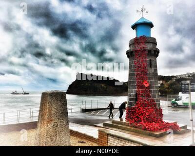 Teignmouth, Devon, Regno Unito. 6 Nov 2018. Charlie Falchi da Teignmouth resort team pulisce graffiti freschi dalla recentemente decorate faro di papavero a Teignmouth, Devon Credito: nidpor/StockimoNews/Alamy Live News Foto Stock