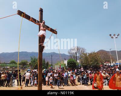 Reenactmen delle passioni di Cristo in un villaggio di Tlalixtac de Cabrera, Oaxaca, Messico. L'uomo rievoca ladro Gestas viene crocifisso all'en della cerimonia. 19/04/2019 Foto Stock