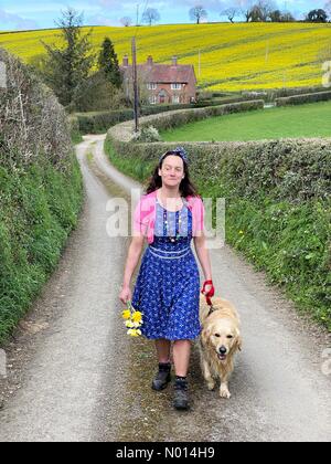 Fiume Teign, Teign Valley, Devon. 9 Aprile 2021. Regno Unito Meteo: Primavera colorata passeggiata lungo le strade di campagna in una bella giornata calda per Raich Keene e Raphael il retriever a Winscombe Farm, Dunsford, Devon. Credit: Nidpor/StockimoNews/Alamy Live News Foto Stock