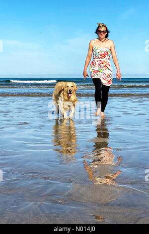 Cornovaglia, Regno Unito. Aprile 13 2021: Regno Unito Meteo: Cielo blu e sole per Raich Keene e Raffaello il Retriever sulla spiaggia di Perranporth, Cornovaglia Credit: Nidpor/StockimoNews/Alamy Live News Foto Stock