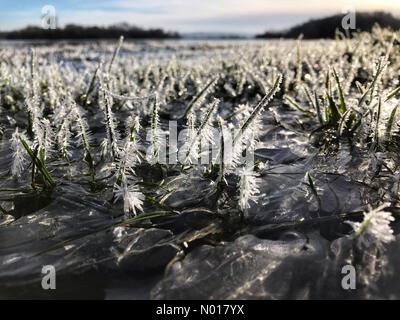 UK Weather - Ice in Herefordshire - Lugg Meadows Hereford Herefordshire - Tuesday 17th January 2023 - cristalli di ghiaccio congelati sulle acque alluvionali del fiume Lugg vicino Hereford. Le temperature scese a -7c Foto Stock