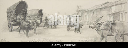 . Inglese: scene di strada in Colombo (Ceylon) 1897. Illegibly firmato. Deutsch: Strasse in Colombo, Ceylon. Kreide in schwarz auf Papier, auf Karton montiert. 17 x 50 cm. Unleserlich signiert und datiert unten links: Dez 97 Colombo. . Dicembre 1897. Unknown 95 Street scene in Colombo (Ceylon) 1897 Foto Stock