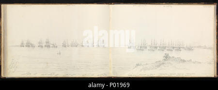 . Inglese: (Recto) La flotta inglese fuori l'ingresso ai Dardanelli (verso) il francese e inglese le flotte in Besika Bay, ottobre 1853 n. 34 di 36 (PAI0849 - PAI0884). (Recto) inscritto in cima, 'Ingresso di Dardanells', 'pianure di Troia", "Tomba di Achille' (la collina conica sulla destra), e lungo la parte inferiore con i nomi delle navi ancorate mostrato in due linee affiancate al largo in primo piano e a destra: top/ bancata anteriore (navi più grandi), 'Trafalgar 120 [pistole], Bellerophon 78, Albion 90, Britannia bandiera / 120, Rodney 90, vendetta 80, tizzone S.V. [Nave a vapore]'; fondo/ Foto Stock