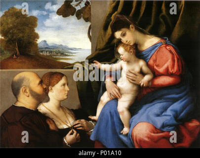 . La Madonna con il Bambino e due donatori . Madonna con il Bambino e due donatori . circa 1525-30 14 Lotto, Madonna col bambino e a causa donatori 2 Foto Stock