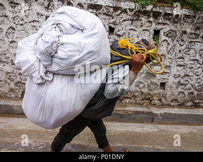 Uomo indiano portano carichi pesanti stile sherpa, Nainital, Uttarakhand, India Foto Stock