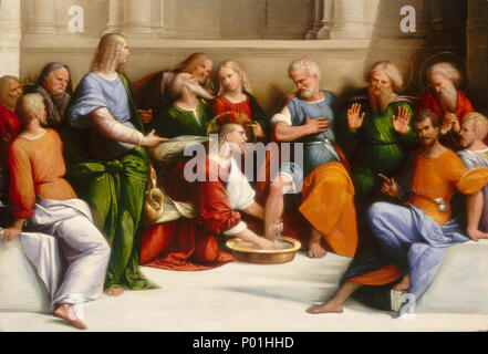 Pittura; olio su pannello; complessivo: 35,9 x 52,1 cm (14 1/8 x 20 1/2 in.); 7 Cristo lavando i piedi dei discepoli E10791 Foto Stock