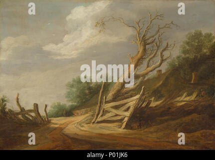 Pittura; olio su pannello; complessivo: 33,6 x 47,9 cm (13 1/4 x 18 7/8 in.) incorniciato: 53,6 x 67,6 x 2,5 cm (21 1/8 x 26 5/8 x 1 in.); 14 Paesaggio con il cancello aperto A15708 Foto Stock