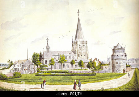 . Inglese: Maastricht, Paesi Bassi. Vista di Saint Martin's chiesa parrocchiale di Wyck da Philippus van Gulpen, ca 1840-60. A sinistra: una rimanenza di Saint Martin's Gate. A destra: la torre di polvere da sparo. . Il 16 gennaio 2015. Philippe van Gulpen (1792 - 1862 18 Ph v Gulpen, St-Martinuskerk en Wycker Kruittoren, Wyck-Maastricht Foto Stock