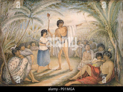 . [Tempsky, Gustavo Ferdinand von] 1828-1868 :[Il consiglio di guerra. Giugno 1864] Il numero di riferimento: un-159-047 guerriero Maori in centro, indossando dogskin mantello, sacche di munizioni e la holding club, rivolgendosi a un gruppo di Maori seduti gli uomini e le donne. Una donna Maori in una camicia bianca e gonna blu, tenendo in mano un fucile è in piedi alla sua destra. Il sedere Maori sono rivestiti in lino mantelli e una coperta di rosso in un caso e sono gli assi di contenimento, tomahawks e pistole. L incontro si svolge in una radura nella fitta macchia nativa, con albero-felci, nikau, lino, felci e piante di cavolo. In fondo è una collina sormontata da t Foto Stock