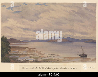 . Inglese: " Arran e del Firth of Clyde da Fairlie, 1843" [Scozia] n. 29 in Fanshawe il Baltico e successivamente album, 1843 - 83. Didascalie dell'artista sulla pagina album sotto l'immagine, come titolo. La guarda a sud-ovest da Fairlie, sul lato est del Firth of Clyde, oltre Cumbrae island verso le montagne di Arran. Una piccola pesca smack giace sul foreshore a sinistra. Fanshawe sposato Jane Cardwell su 11 maggio 1843, quando era un giovane comandante RN, e questo disegno è uno di un gruppo (PAI4700 - 4706) la registrazione del loro primo soggiorno estivo insieme che estate, sebbene la sua biografia Foto Stock