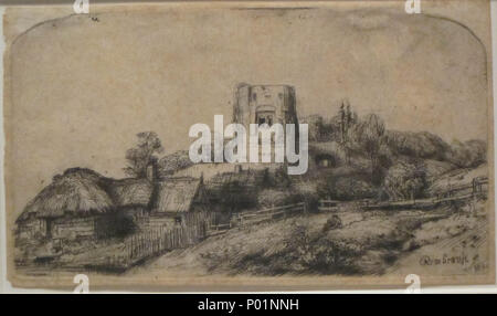 . Paesaggio con una torre quadrata . 1650 4 'Paesaggio con torre quadrata' da Rembrandt van Rijn, 1650, incisione e puntasecca, Honolulu Museum of Art Foto Stock