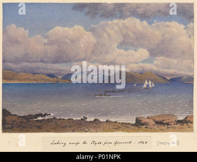 . Inglese: "guardando attraverso il Clyde da Gourock, 1843" [Scozia] n. 31 in Fanshawe il Baltico e successivamente album, 1843 - 83. Didascalie dell'artista sulla pagina album sotto l'immagine, come titolo. Gourock si trova ad ovest di Greenock e Glasgow, sul lato sud del Clyde estuario dove comincia a girare a sud verso il mare irlandese. Questa guarda a nord o eventualmente di nord-ovest. Fanshawe sposato Jane Cardwell su 11 maggio 1843, quando era un giovane comandante RN, e questo disegno è uno di un gruppo (PAI4700 - 4706) la registrazione del loro primo soggiorno estivo insieme che estate, sebbene la sua biografia (1904) non Foto Stock