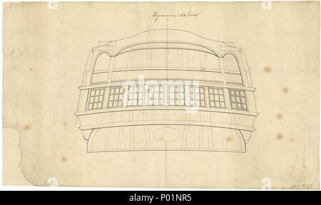 . Inglese: 'Magnanime' (1780) piano che mostra la poppa da sopra la linea di galleggiamento per Magnanime (1780). Dal Tyne & Wear servizio archivistico, Blandford House, Blandford Square, Newcastle upon Tyne NE1 4JA. MAGNANIME 1780 4 'Magnanime' (1780) RMG J7596 Foto Stock