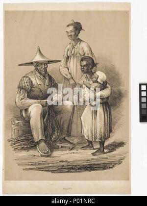 . Inglese: 'Malays' Stampa in rappresentanza di un gruppo di 'Malay": un uomo e due donne e un bambino. Charles Davidson Bell disegnò un certo numero di studi etnografici dei diversi non-Unione sudafricani ha trovato mentre vivono lì, alcuni non molto tempo dopo arrivò nel 1830, altri mentre su una spedizione all'interno con il Dr Andrew Smith nel 1834 e ancora di più al suo ritorno in Scozia qualche tempo dopo. I bozzetti sono stati molto carico con il colonialists pareri e opinioni su ogni gruppo etnico. 'Malays' erano visti come elegante e grazioso; 'ottentotti" (Khoikhoi) come rozzo; 'Kaffirs' (Xhosa) come wa Foto Stock